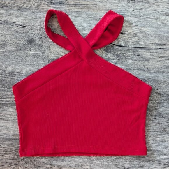 SHEIN - Halter Crop Top Bodycon Sleeveless Rib Knit Crisscross Straps Red Medium - Picture 3 of 6
